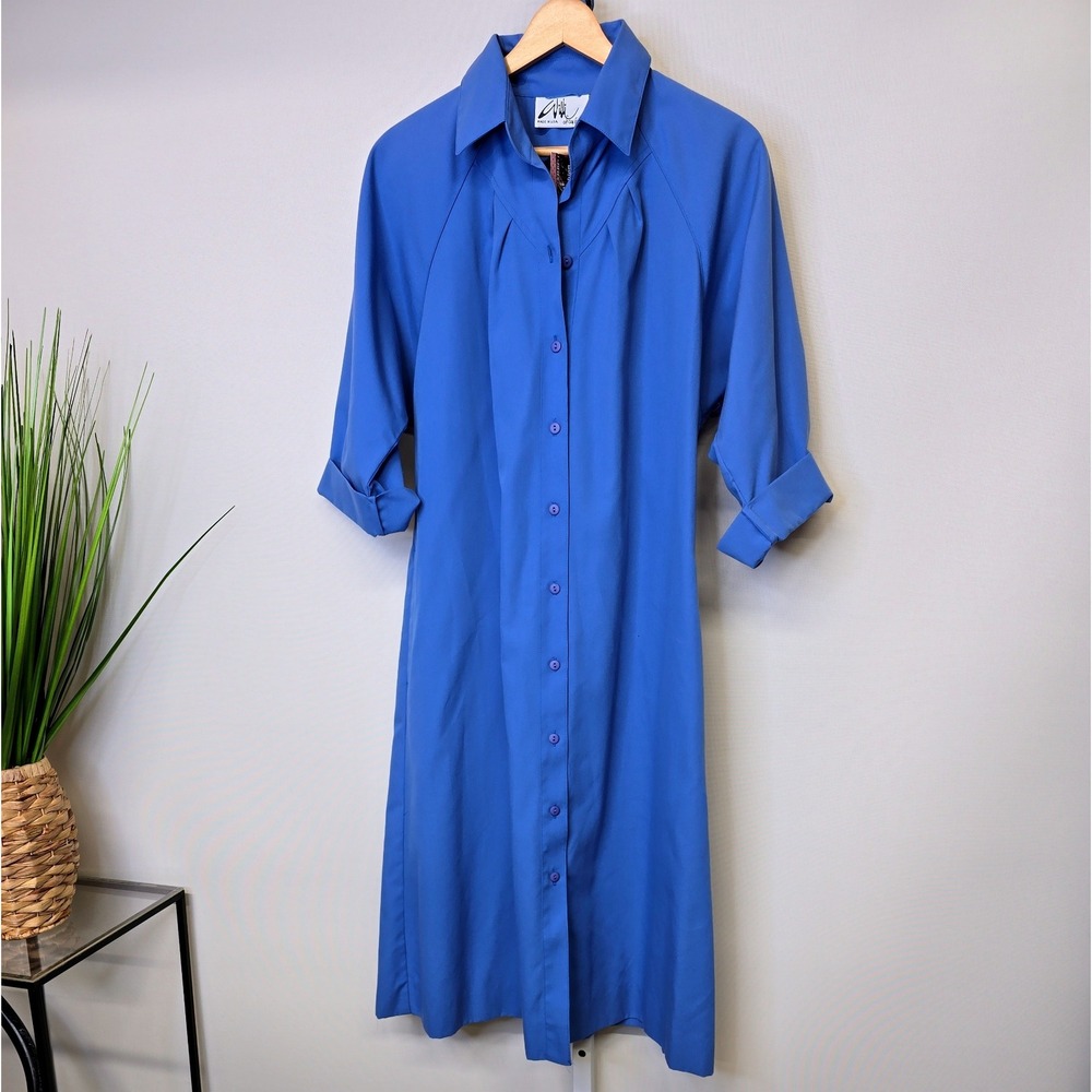 Villi of California Vintage Blue Button Front Pleated Midi Shirt Dress Pockets